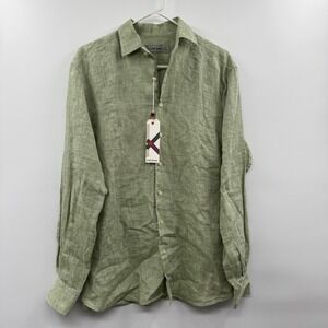 Scott James Mens Linen Shirt L 15.5 green Button Up Long Sleeve